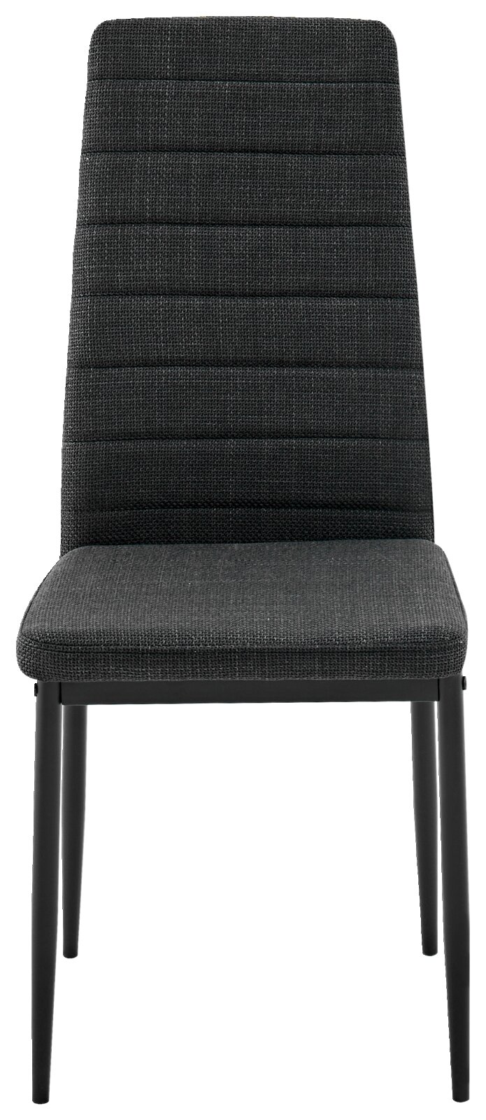 Moderner schwarzer Stuhl mit gepolsterter Rückenlehne und Sitzfläche, Vorderansicht