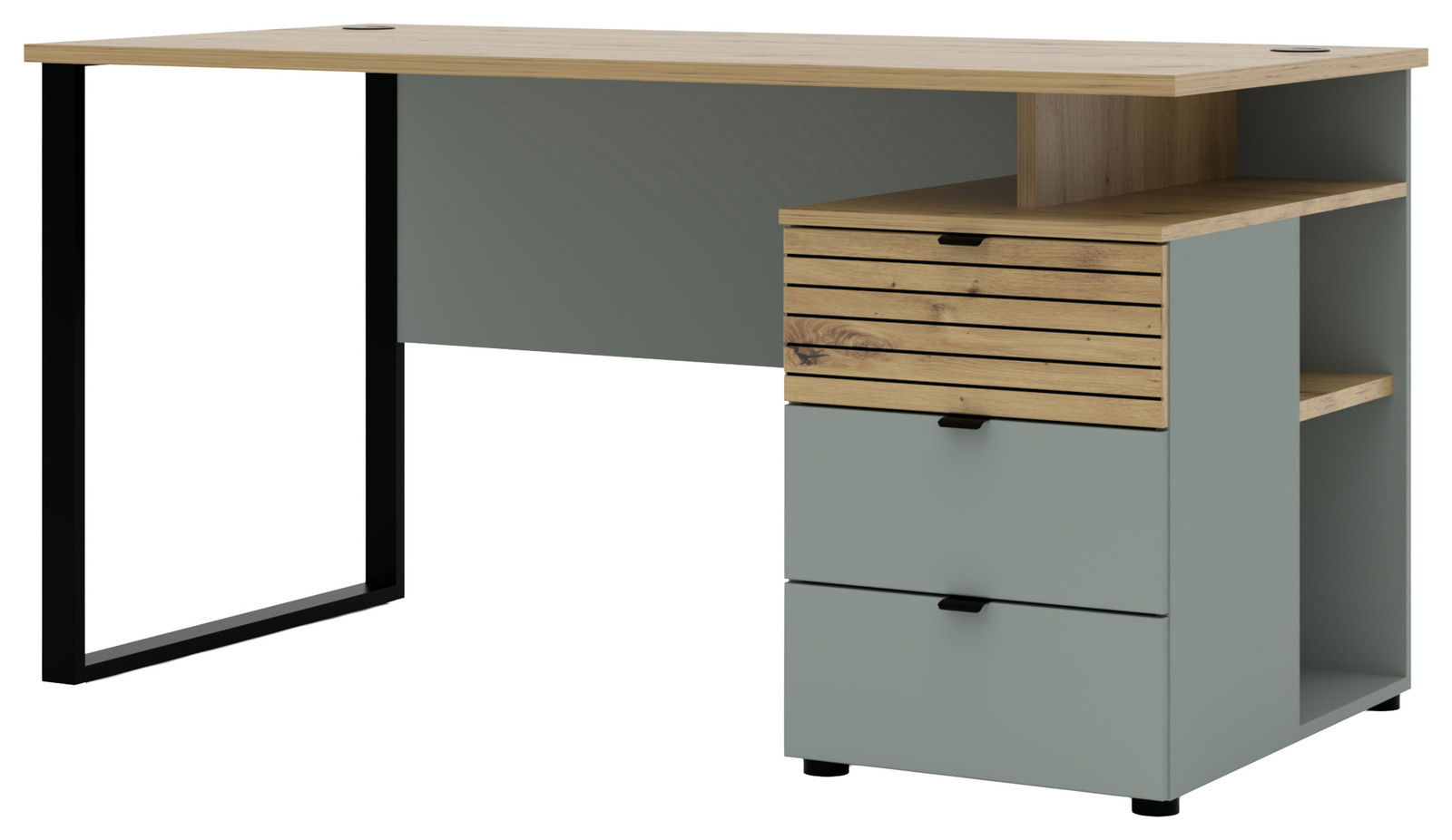 Moderner Schreibtisch mit Holz- und Metallelementen, seitliche Schubladen und Regale, Perspektive von vorne rechts