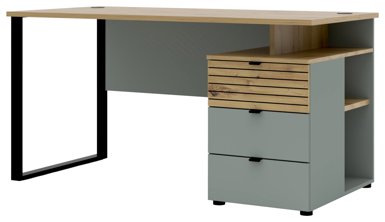 Moderner Schreibtisch mit Holz- und Metallelementen, seitliche Schubladen und Regale, Perspektive von vorne rechts