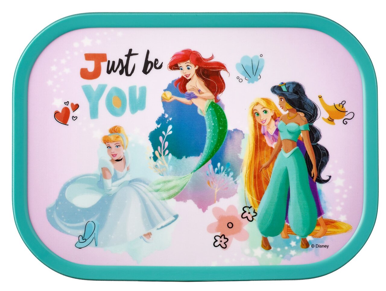 Lunchbox met een Disney-prinsessenontwerp, waarop vier prinsessen en de tekst 'Just be you' te zien zijn, vanuit vogelperspectief.