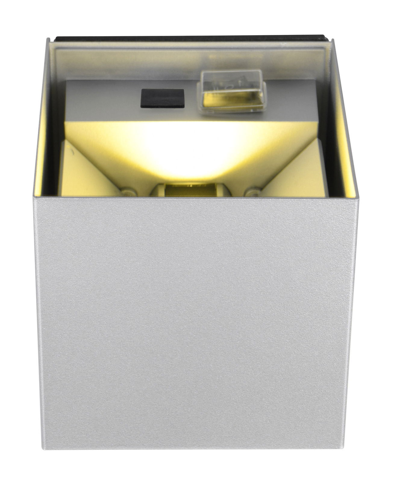 Frontansicht einer silbernen Akku Wandleuchte TALENT mit modernem Design und warmem Licht.