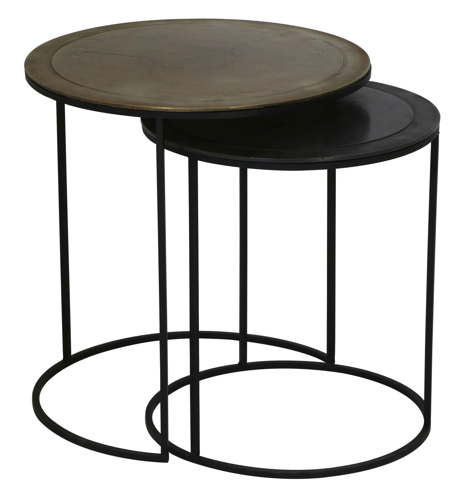 Light&Living Beistelltisch-Set TALCA Zwei runde Beistelltische in unterschiedlichen Größen, ineinander verschachtelt, mit schwarzen Metallgestellen und einer dunklen Tischplatte, seitliche Perspektive.