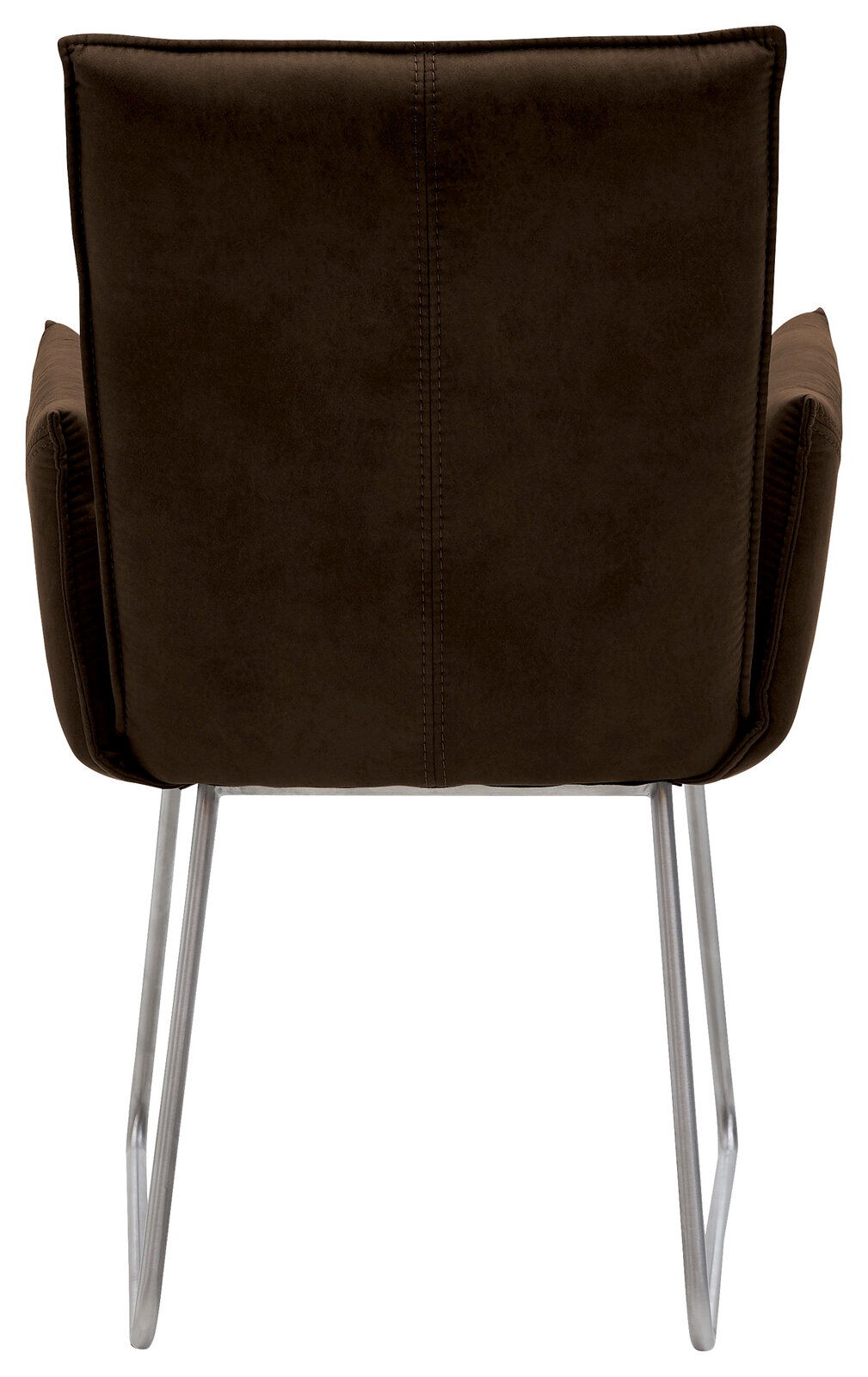 Rückansicht eines braunen Sessels mit Metallbeinen