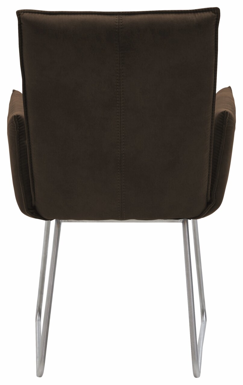 Rückansicht eines braunen Sessels mit Metallbeinen