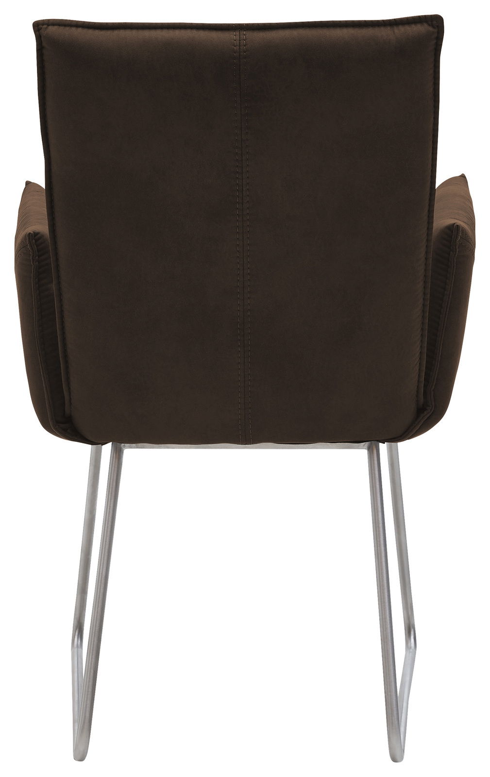 Rückansicht eines braunen Sessels mit Metallbeinen