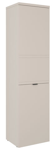 Hochformatiges, einfarbiges Standelement mit einer Tür, seitliche Perspektive