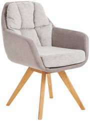 Moderner Sessel mit grauem Stoffbezug und Holzbeinen, seitliche Perspektive