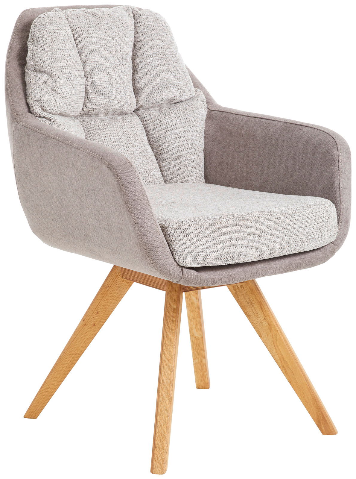 Moderner Sessel mit grauem Stoffbezug und Holzbeinen, seitliche Perspektive