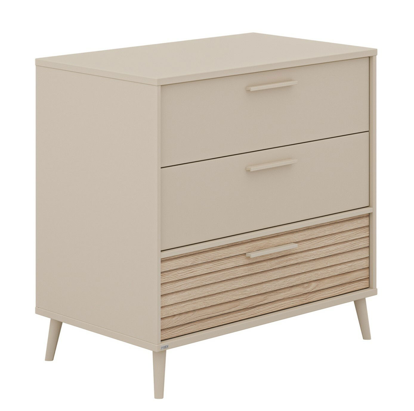 Schmale Kommode Paidi EEFJE in Beige mit drei Schubladen, davon eine mit Holzoptik, aus schräger Perspektive