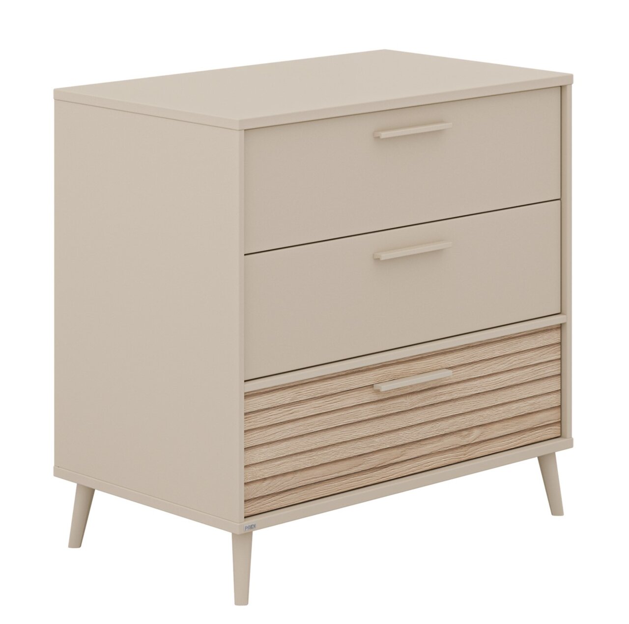 Paidi Kommode schmal EEFJE Schmale Kommode Paidi EEFJE in Beige mit drei Schubladen, davon eine mit Holzoptik, aus schräger Perspektive