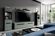 Moderne TV-Wohnwand in Salbeigrün mit Lowboard, zwei Vitrinenschränken und Wandregal, frontal in einem Wohnzimmer inszeniert