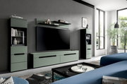 Moderne TV-Wohnwand in Salbeigrün mit Lowboard, zwei Vitrinenschränken und Wandregal, frontal in einem Wohnzimmer inszeniert