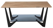 Moderner Couchtisch mit Holzplatte und schwarzem Metallgestell, seitliche Perspektive