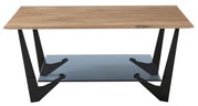 Moderner Couchtisch mit Holzplatte und schwarzem Metallgestell, seitliche Perspektive