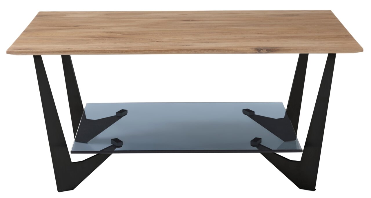 Moderner Couchtisch mit Holzplatte und schwarzem Metallgestell, seitliche Perspektive