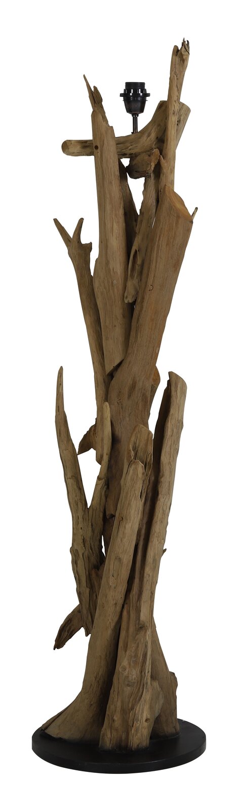 Stehleuchte mit natürlichem Holzdesign, aus mehreren vertikalen Holzstücken auf einer runden Basis, seitliche Perspektive.