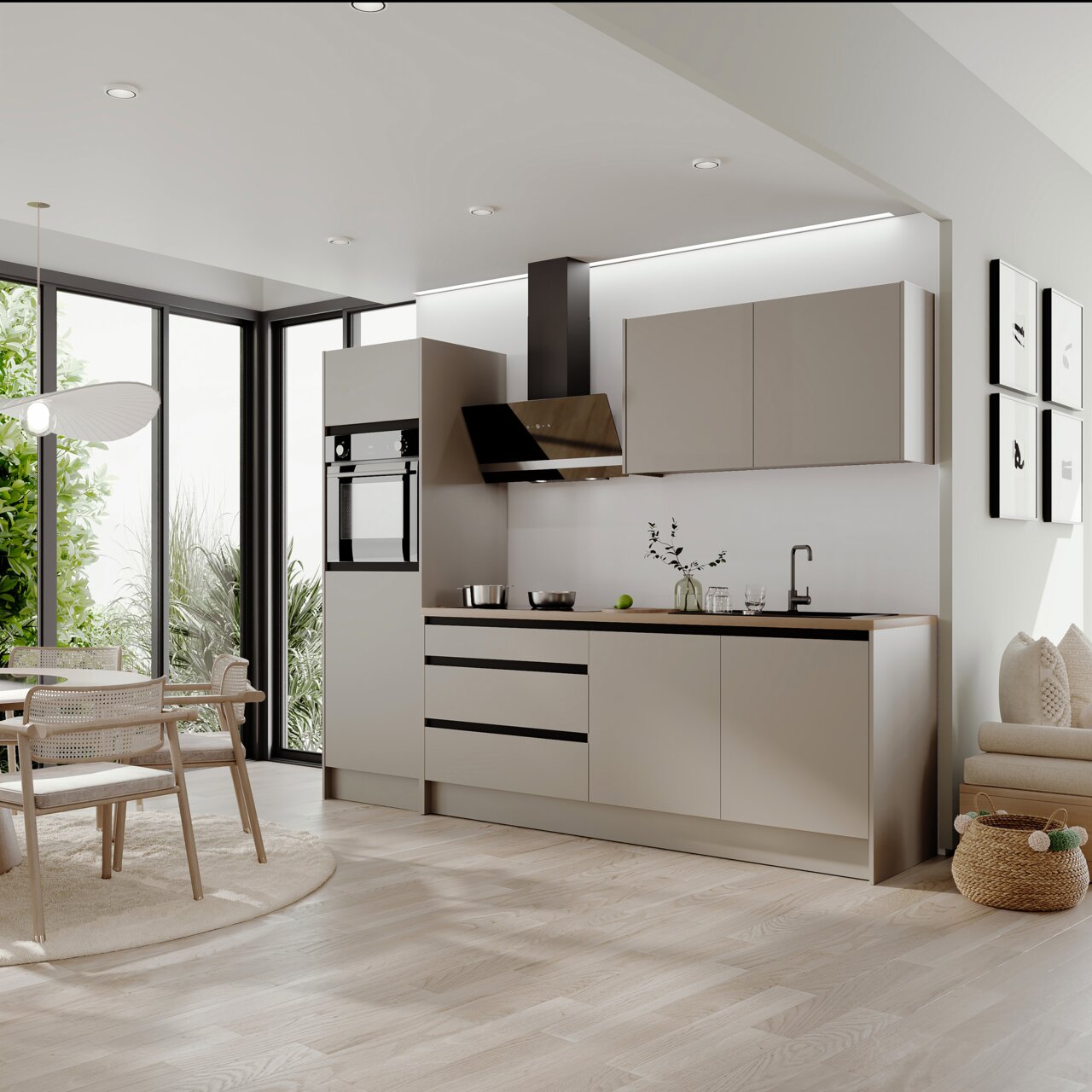 Yourkitchen Küchenblock 273 TROJA Moderne Küche mit Küchenblock TROJA ohne Elektrogeräte, helle Holzoptik, seitliche Perspektive