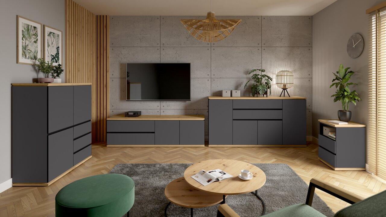 XORA Highboard YAMAEL Modernes Wohnzimmer mit einem Highboard in dunklem Grau und Holzoptik, umgeben von stilvollen Dekorationen und Pflanzen, aus der Perspektive von vorne links betrachtet.
