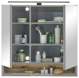 Spiegelschrank mit geöffneter Tür, gefüllt mit verschiedenen Pflegeprodukten und Accessoires, frontal betrachtet.