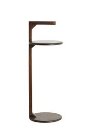 Moderner Beistelltisch aus Holz mit zwei runden Ablagen, seitliche Perspektive