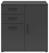 Schwarze Kommode mit drei Schubladen auf der linken Seite und einer Tür auf der rechten Seite, frontale Ansicht