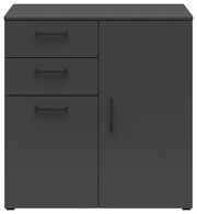 Schwarze Kommode mit drei Schubladen auf der linken Seite und einer Tür auf der rechten Seite, frontale Ansicht