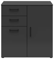 Schwarze Kommode mit drei Schubladen auf der linken Seite und einer Tür auf der rechten Seite, frontale Ansicht