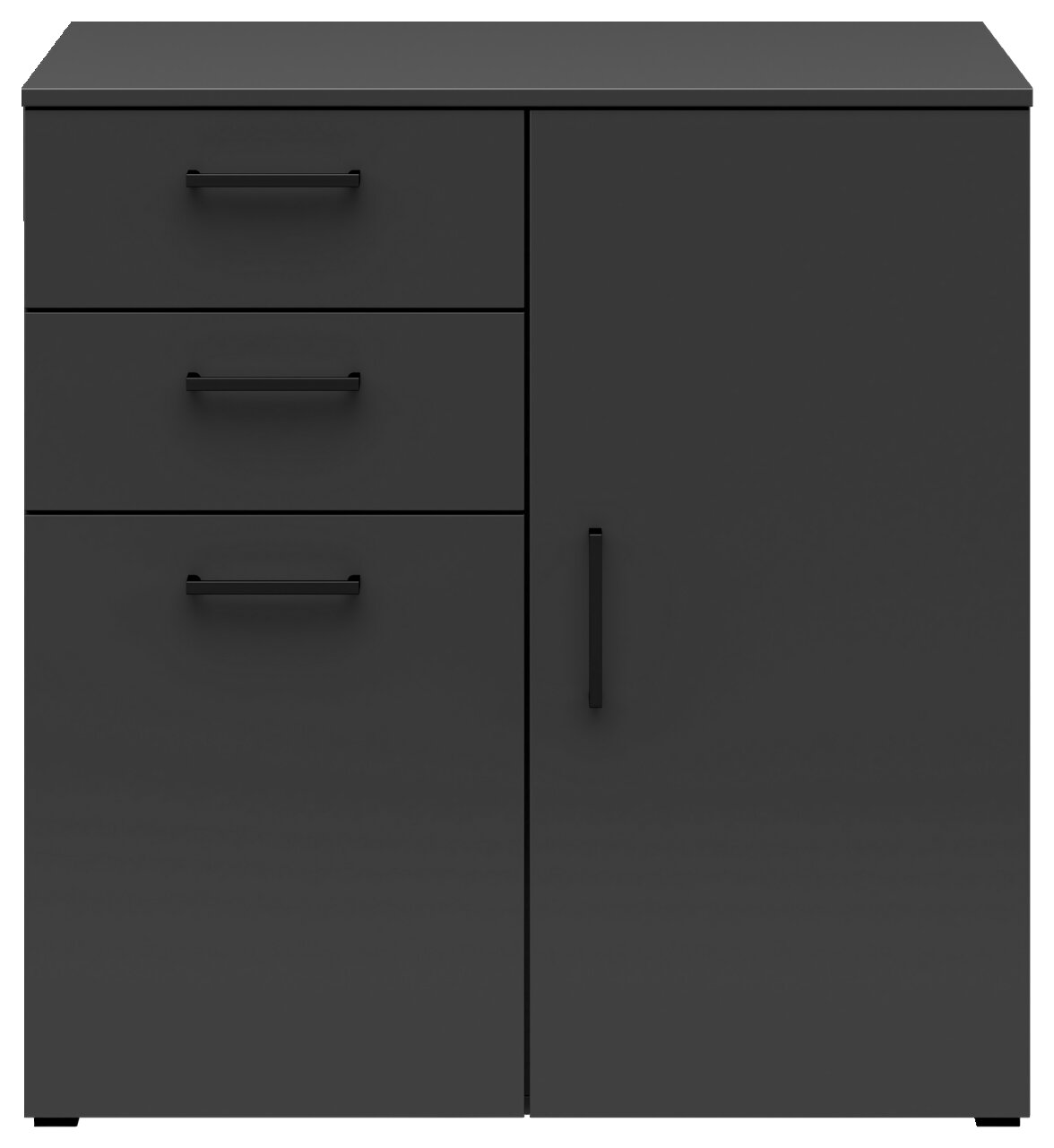 Schwarze Kommode mit drei Schubladen auf der linken Seite und einer Tür auf der rechten Seite, frontale Ansicht