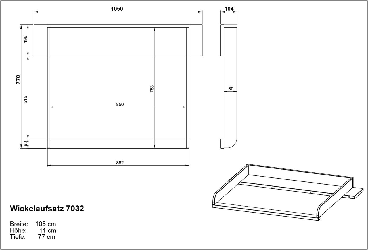 Technische Zeichnung eines Wickelaufsatzes mit den Maßen: Breite 105 cm, Höhe 11 cm, Tiefe 77 cm. Perspektive von oben, seitlich und in 3D-Ansicht.