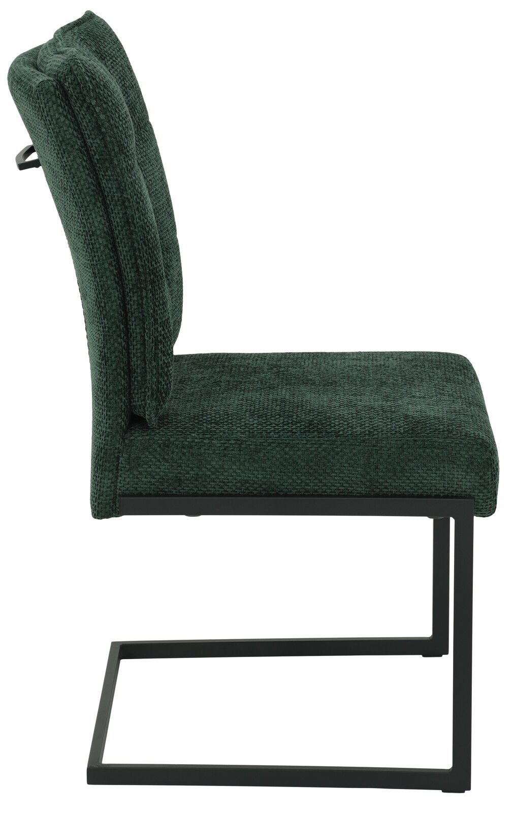 Seitenansicht eines modernen Schwingstuhls mit grünem Stoffbezug und schwarzem Metallgestell.