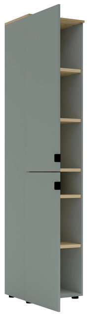 Büroschrank mit grauer Front und teilweise geöffneter Tür, seitliche Perspektive