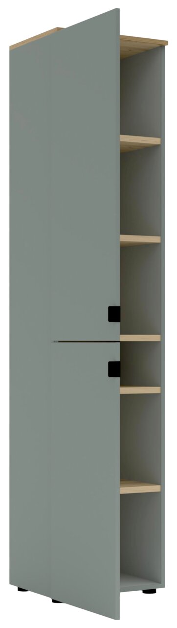 Büroschrank mit grauer Front und teilweise geöffneter Tür, seitliche Perspektive