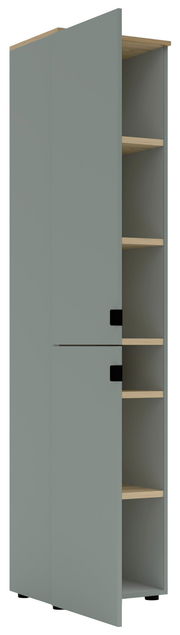 Büroschrank mit grauer Front und teilweise geöffneter Tür, seitliche Perspektive