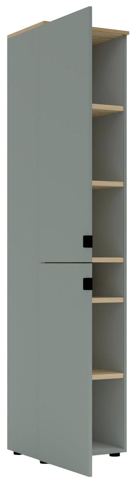 Büroschrank mit grauer Front und teilweise geöffneter Tür, seitliche Perspektive