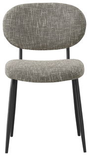 Moderner Stuhl mit grauem Stoffbezug und schwarzen Metallbeinen, Frontalansicht.