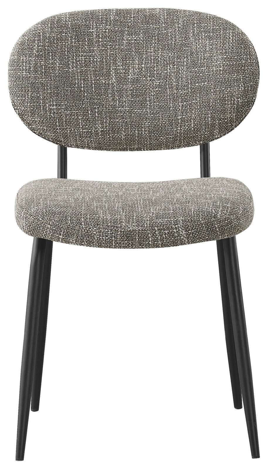 Moderner Stuhl mit grauem Stoffbezug und schwarzen Metallbeinen, Frontalansicht.