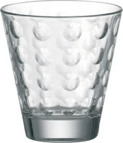 Transparenter Trinkbecher mit optischem Punktmuster, frontal fotografiert.