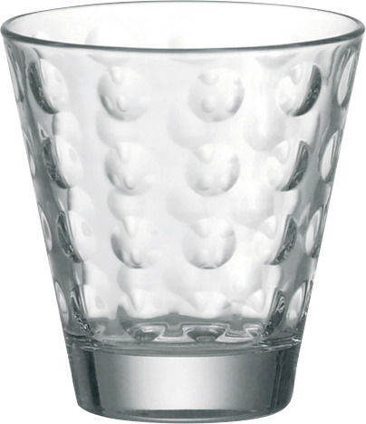 Transparenter Trinkbecher mit optischem Punktmuster, frontal fotografiert.