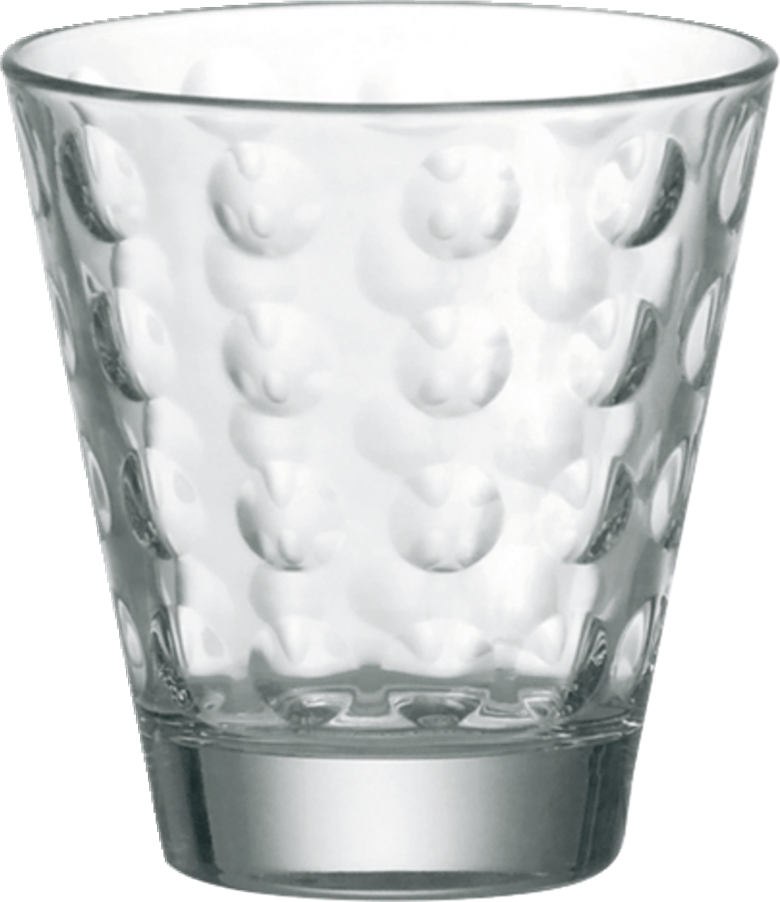 Transparenter Trinkbecher mit optischem Punktmuster, frontal fotografiert.