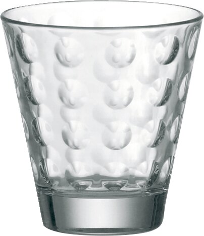 Transparenter Trinkbecher mit optischem Punktmuster, frontal fotografiert.