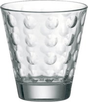 Transparenter Trinkbecher mit optischem Punktmuster, frontal fotografiert.