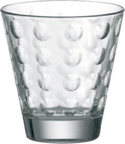 Transparenter Trinkbecher mit optischem Punktmuster, frontal fotografiert.