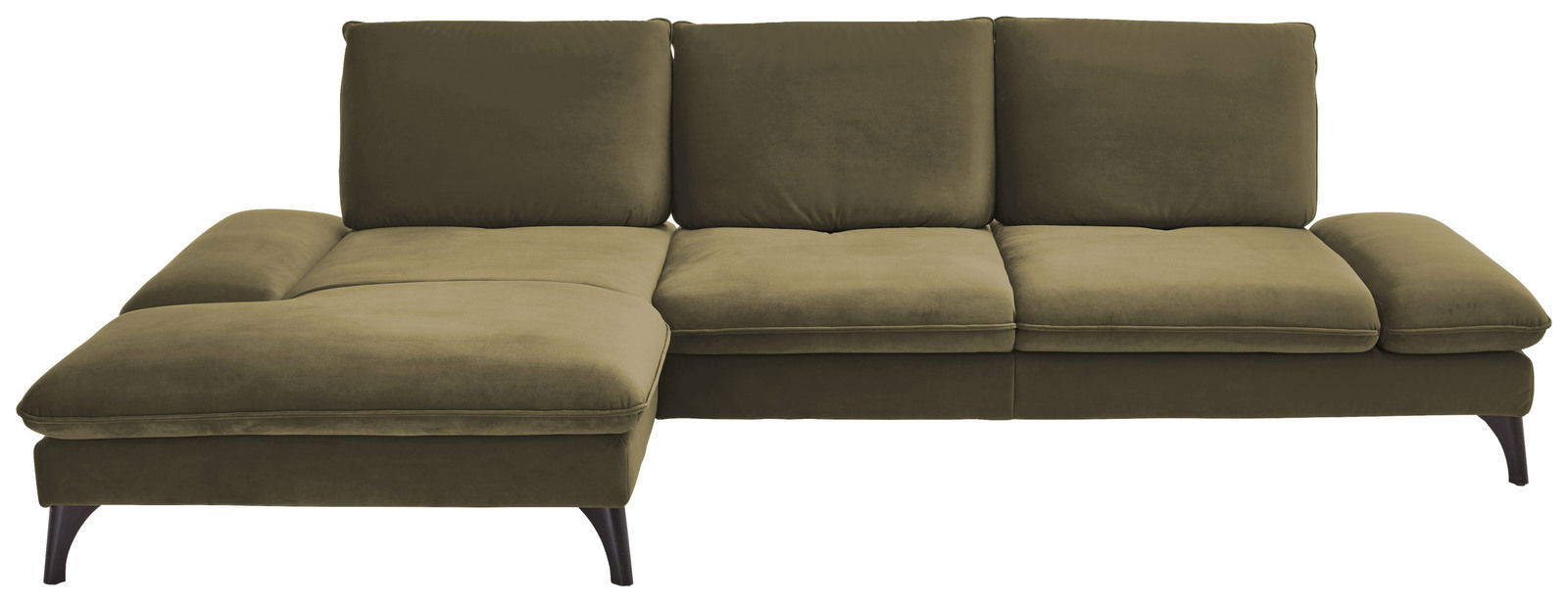 Grünes Longchair-Sofa mit drei Rückenkissen und schwarzem Gestell, Vorderansicht