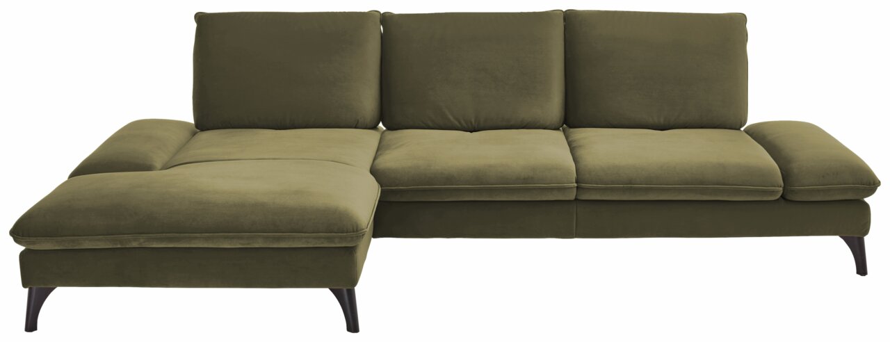 Grünes Longchair-Sofa mit drei Rückenkissen und schwarzem Gestell, Vorderansicht
