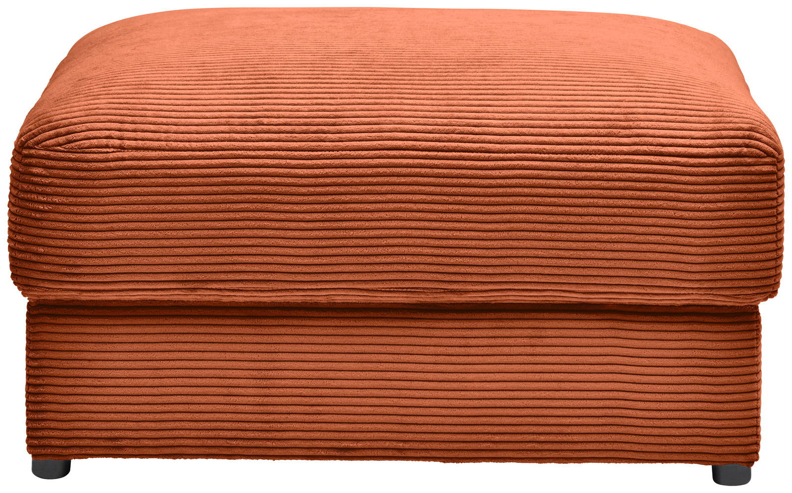 Vorderansicht eines orangefarbenen Hockers mit geripptem Stoffbezug.