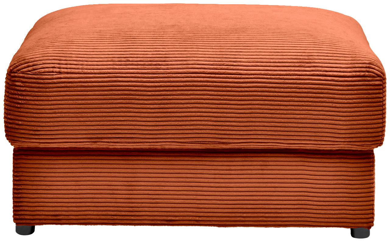 Vorderansicht eines orangefarbenen Hockers mit geripptem Stoffbezug.