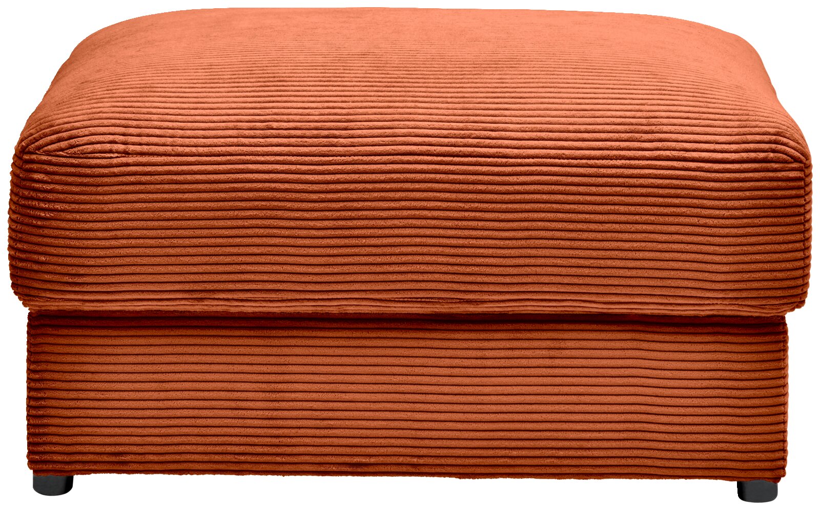 Vorderansicht eines orangefarbenen Hockers mit geripptem Stoffbezug.