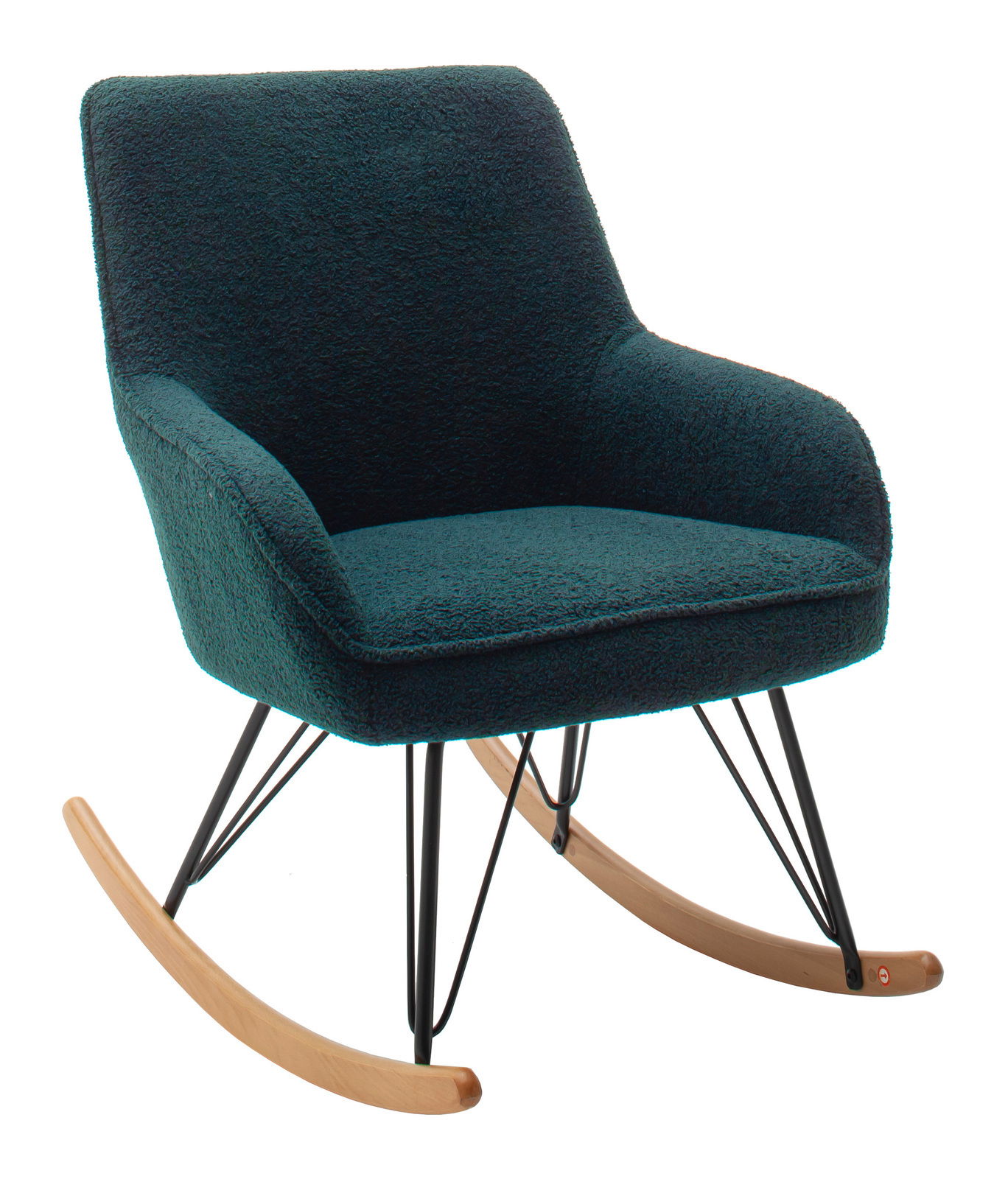 Moderner Schaukelstuhl mit dunkelgrünem Stoffbezug und Holzbeinen, seitliche Perspektive