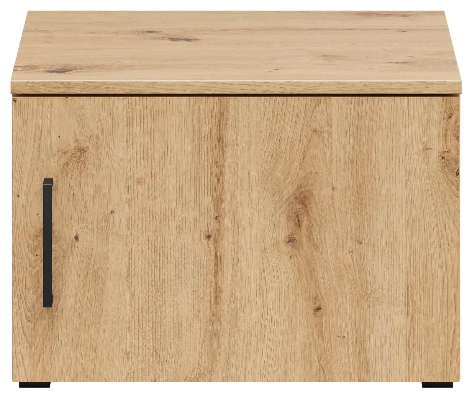 Frontansicht eines Holz-Aufsatzschranks mit einer Tür und schwarzem Griff.