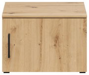 Frontansicht eines Holz-Aufsatzschranks mit einer Tür und schwarzem Griff.